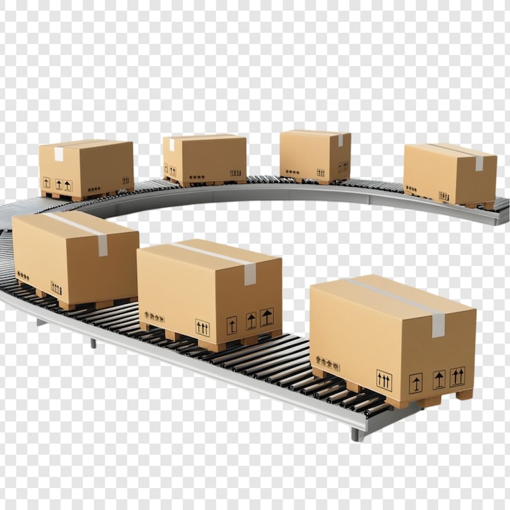 PSD Gratis kotak kardus bergerak mulus di atas ban berjalan melengkung sistem logistik yang efisien