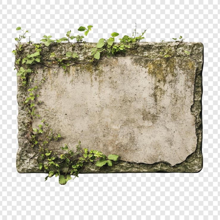 PSD gratuito la lastra di pietra invecchiata con le vigne coperte da piante ha una consistenza rustica e resistente alle intemperie