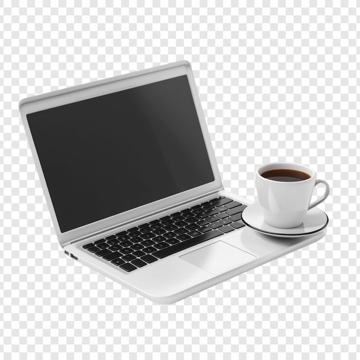 PSD gratuito laptop y descanso para el café: una mezcla perfecta de trabajo y relajación