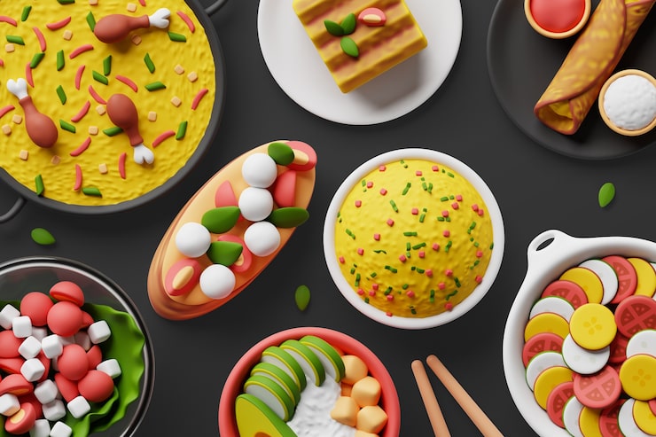 PSD Gratis latar belakang 3d dengan bermacam-macam hidangan gastronomi