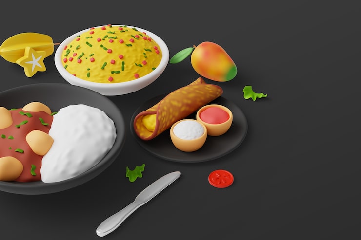 PSD Gratis latar belakang 3d dengan bermacam-macam hidangan gastronomi