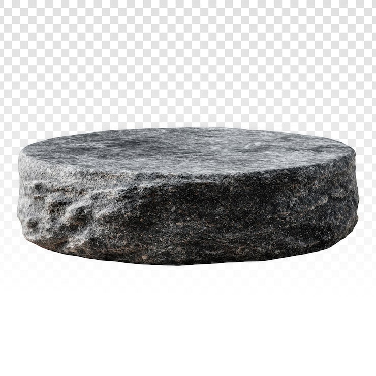 PSD gratuito una losa de piedra circular robusta con una superficie oscura texturizada aislada sobre un fondo negro.