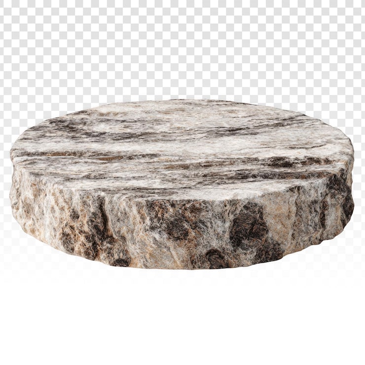 PSD gratuito una losa redonda de piedra veteada texturizada con un borde natural rugoso sirve como podio de exhibición sobre un fondo negro.