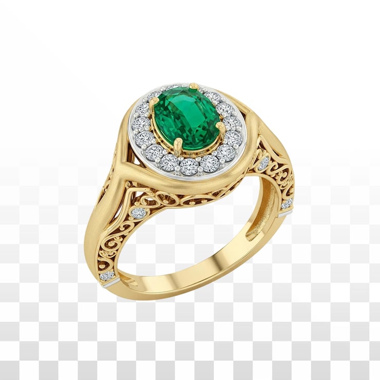 PSD gratuito lujoso anillo de oro con esmeralda ovalada y diseño de halo de diamantes