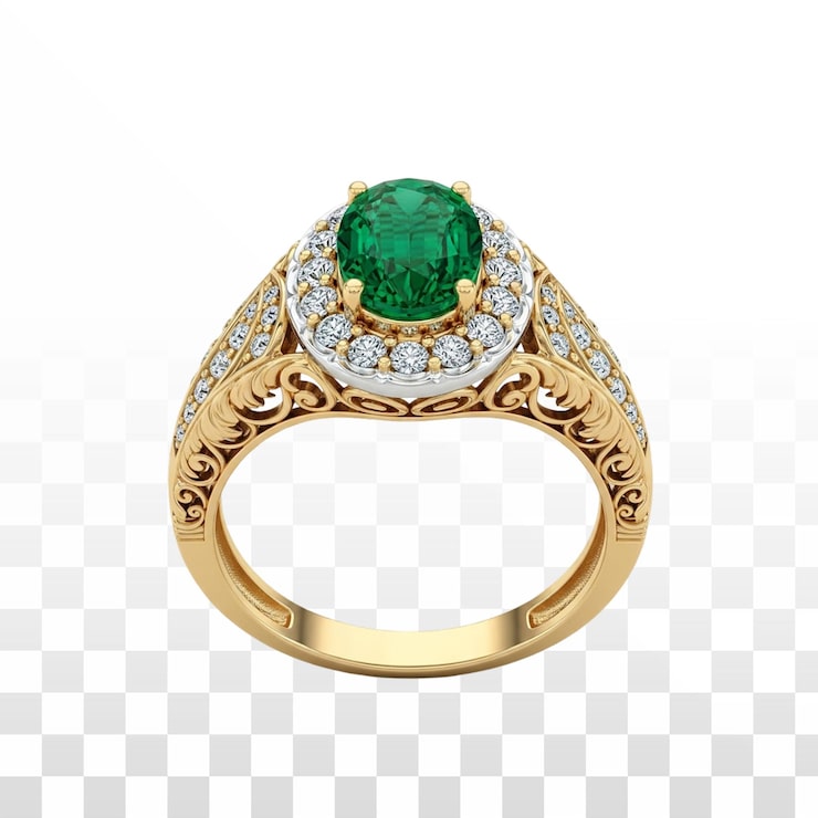 PSD gratuito lujoso anillo de oro con esmeralda ovalada y halo de diamantes
