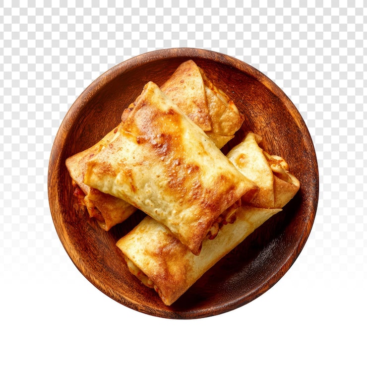 PSD Gratis lumpia goreng renyah dalam mangkuk kayu