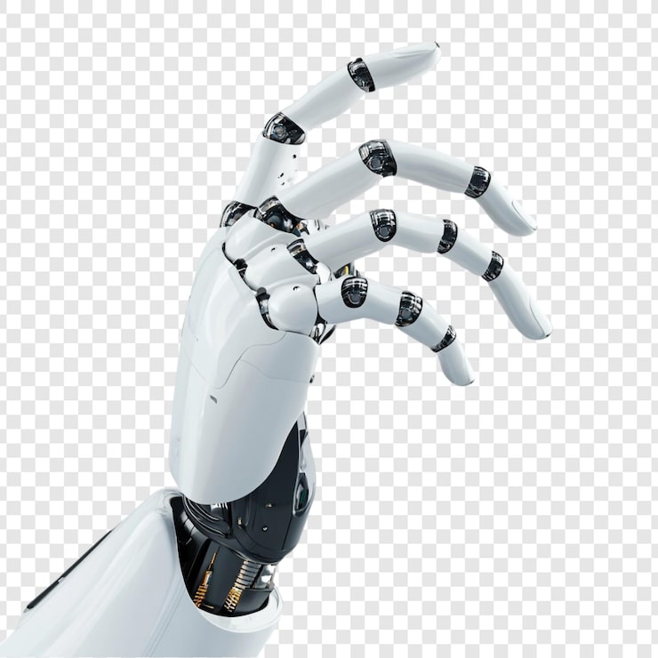 PSD gratuito mano robótica alcanzando tecnología futurista inteligencia artificial renderización 3d brazo mecánico mano robótica blanca y negra