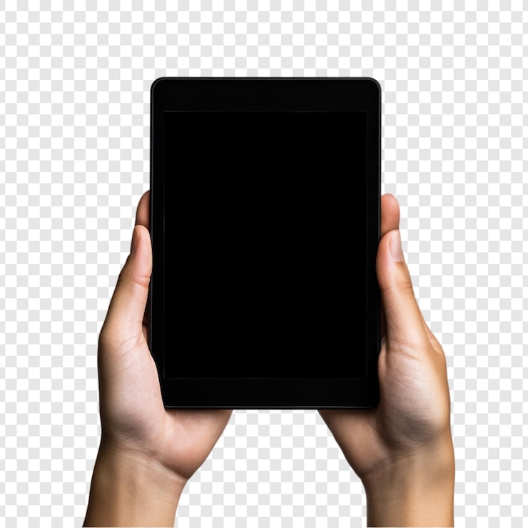 PSD gratuito manos sosteniendo una maqueta de tecnología de tableta negra