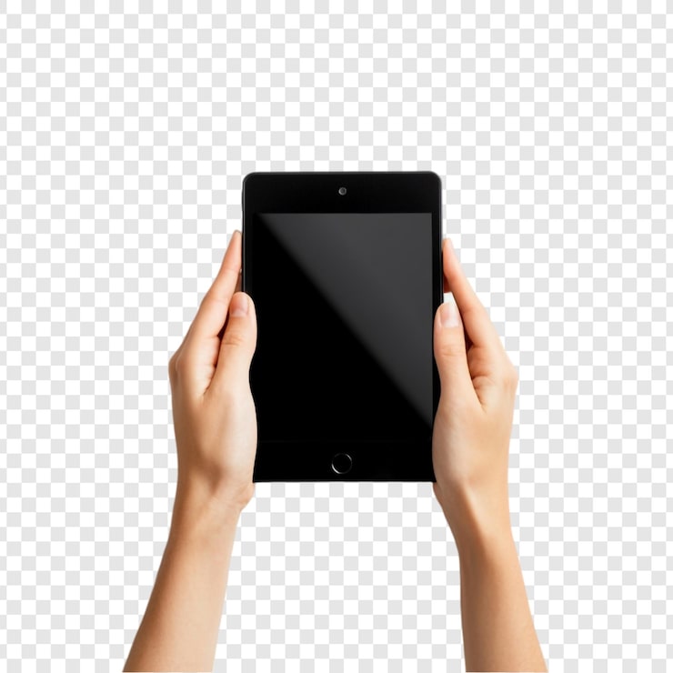 PSD gratuito manos sosteniendo una maqueta de tecnología de tableta negra