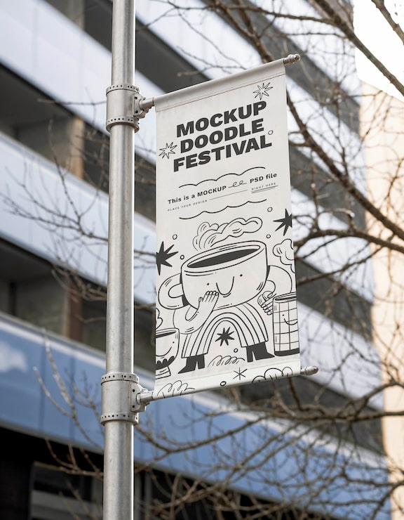 PSD gratuito maqueta de banner en un poste de la ciudad