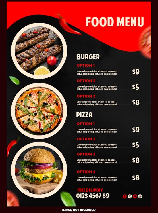PSD gratuito menú de comida moderno con opciones de hamburguesa, pizza y kebab