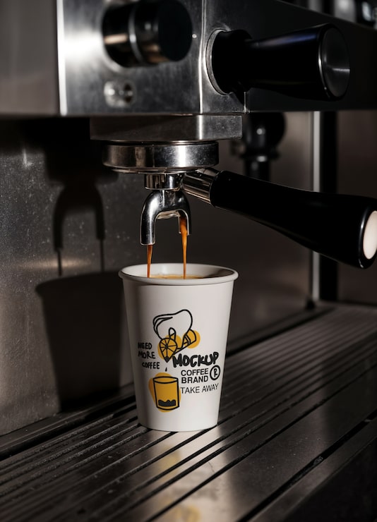 PSD Gratis mesin espresso menuangkan kopi ke dalam gelas kertas