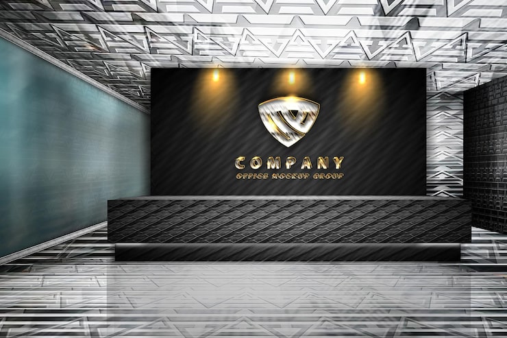PSD Gratis mockup logo dinding kantor krom mewah