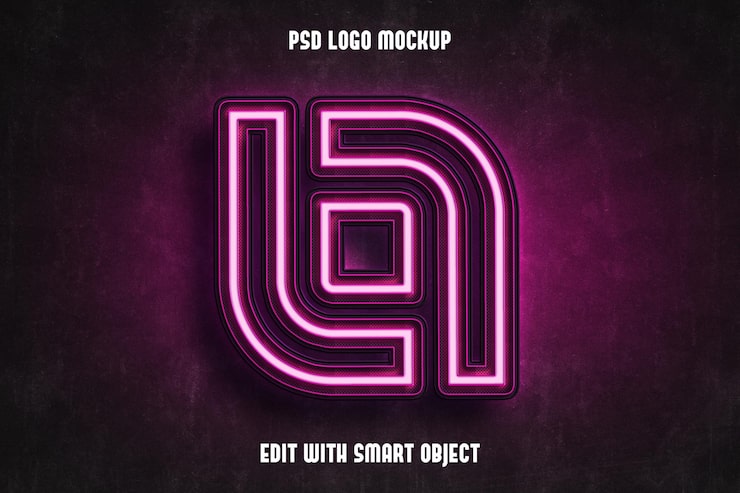PSD Gratis mockup logo neon ungu 3d