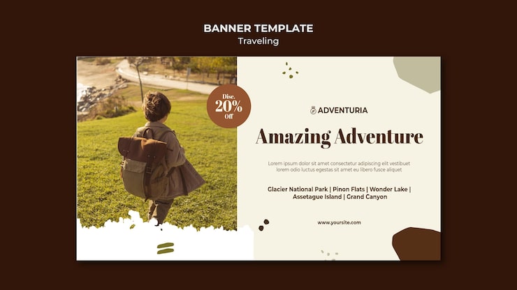 PSD gratuito modello di banner con bambino in viaggio con lo zaino