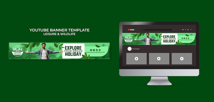 PSD gratuito modello di banner youtube per viaggi e avventure con vegetazione