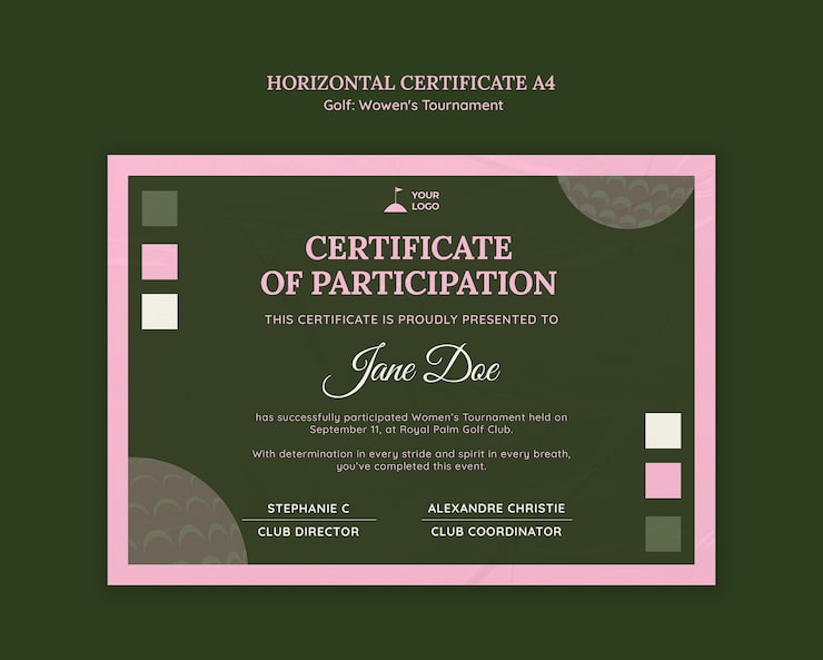 PSD gratuito modello di certificato di partecipazione per torneo di golf femminile