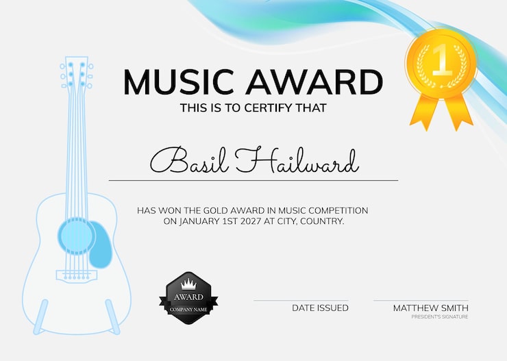 PSD gratuito modello di certificato di premio musicale psd con design minimale dell'illustrazione della chitarra
