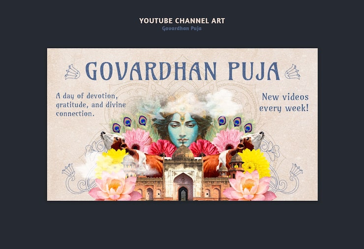 PSD gratuito modello di grafica per il canale youtube della puja di govardhan