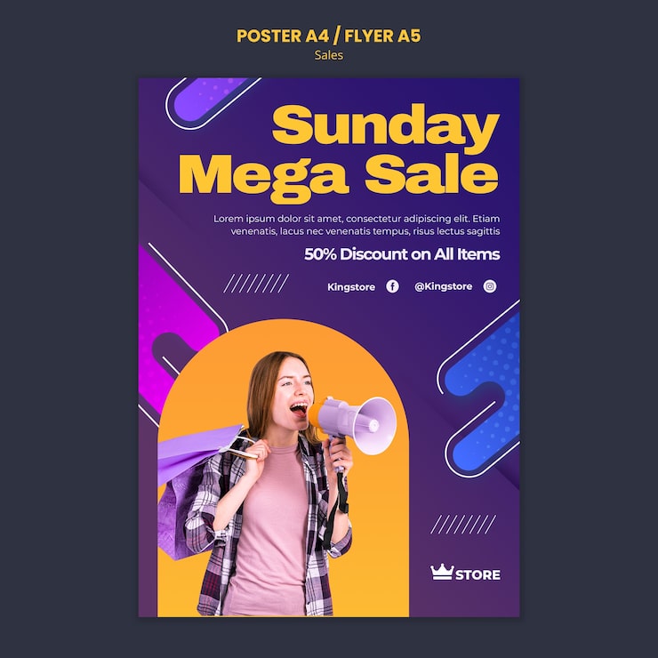 PSD gratuito modello di poster di mega saldi domenicali