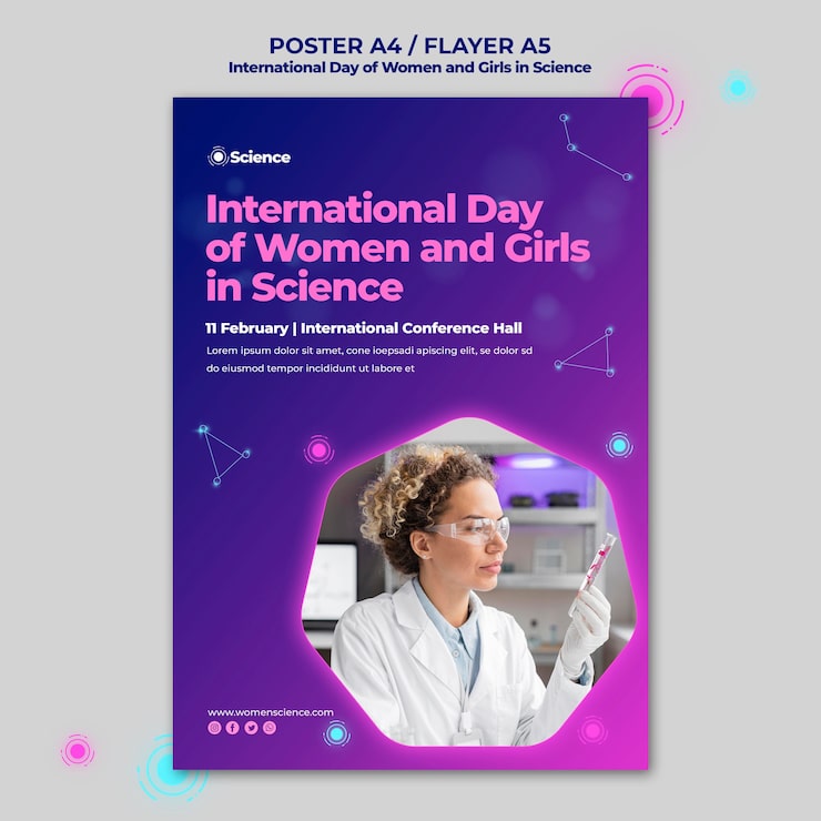PSD gratuito modello di poster per la giornata internazionale di donne e ragazze nella celebrazione della scienza con scienziato femminile