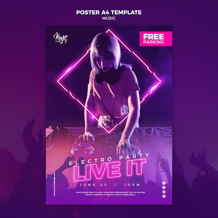 PSD gratuito modello di poster verticale al neon per musica elettronica con dj femminile