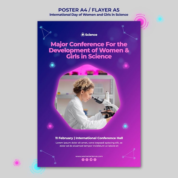 PSD gratuito modello di poster verticale per la giornata internazionale di donne e ragazze nella celebrazione della scienza con scienziato femminile