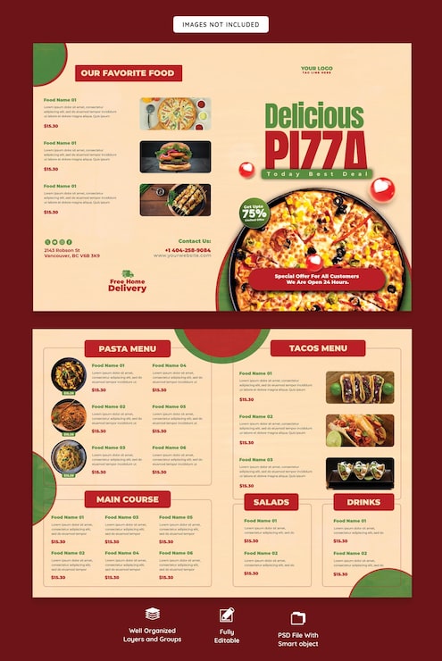 PSD gratuito modelo de folleto de menú de comida y deliciosa pizza plegable