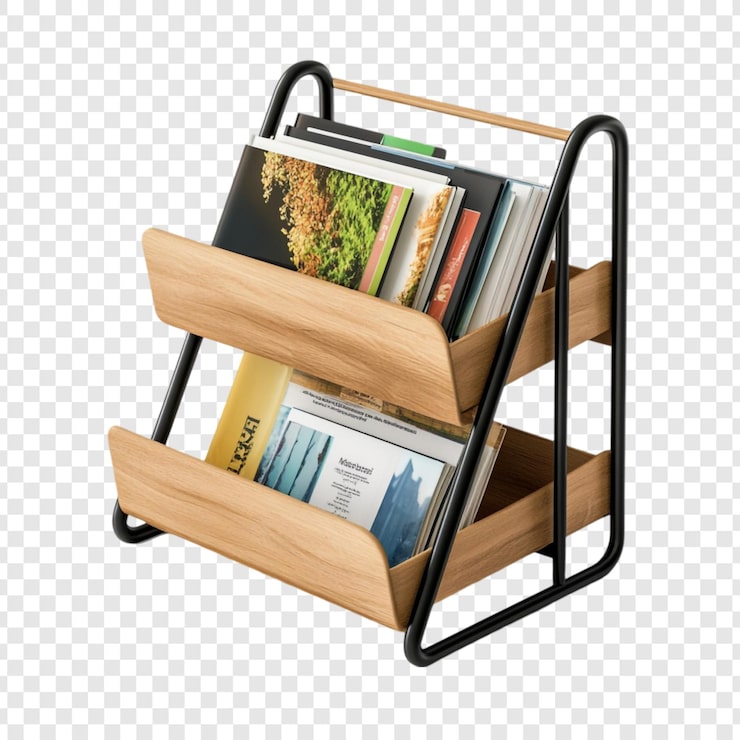 PSD gratuito moderno estante de revistas de madera de dos niveles con marco de metal negro