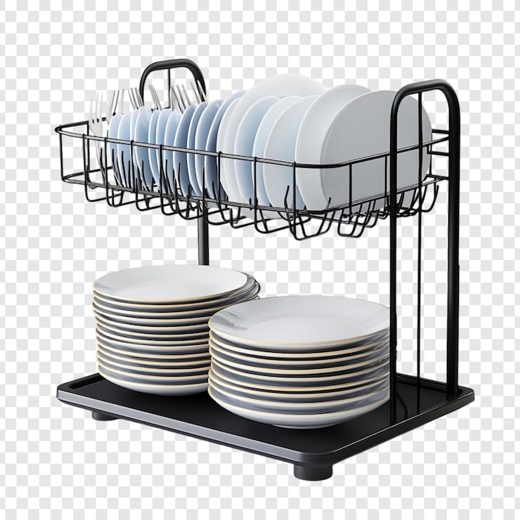 PSD gratuito moderno estante de secado de platos negro de dos niveles con platos y cubiertos
