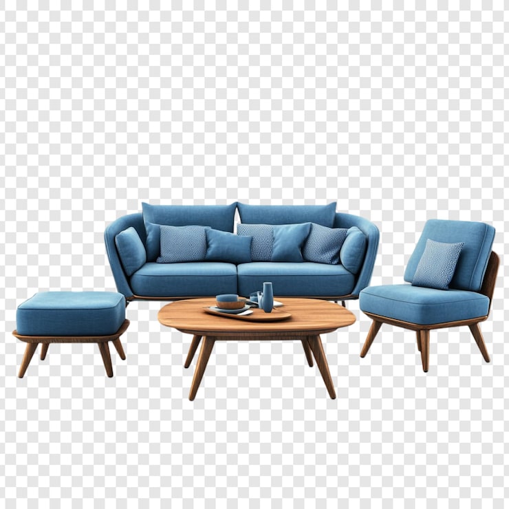 PSD gratuito moderno sofá azul con mesa de café y sillón de madera