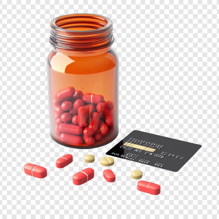 PSD gratuito pastillas rojas en botella de ámbar cerca de la tarjeta de crédito alto costo de los medicamentos