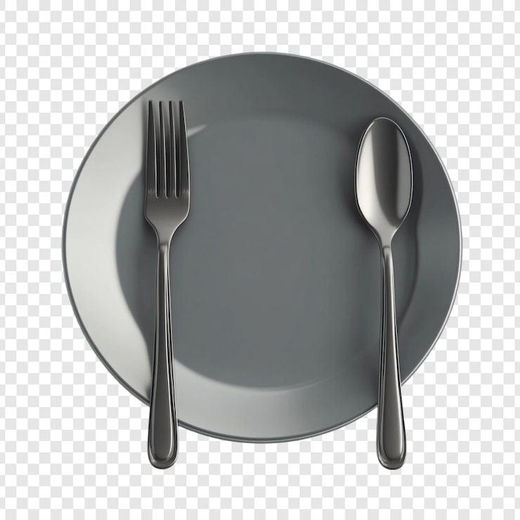 PSD Gratis piring abu-abu elegan dengan garpu dan sendok siap untuk hidangan lezat pengaturan makan malam sederhana