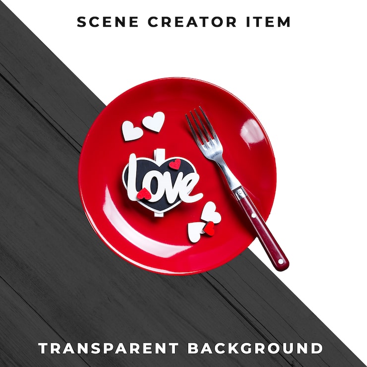 PSD Gratis piring dan peralatan makan dengan teks cinta, terisolasi dengan clipping path.