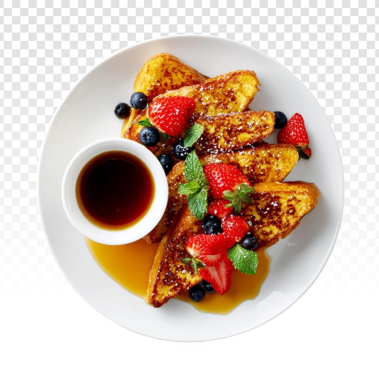 PSD Gratis piring sarapan gourmet dengan panekuk pisang, beri segar, dan sirup maple