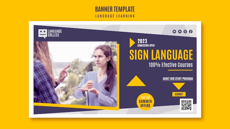 PSD gratuito plantilla de banner de idioma de aprendizaje de diseño plano