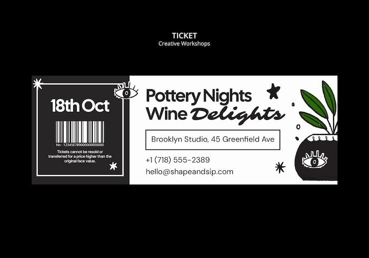PSD gratuito plantilla de boleto para noches de cerámica y placeres del vino
