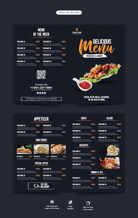 PSD gratuito plantilla de folleto plegable de menú de comida y restaurante