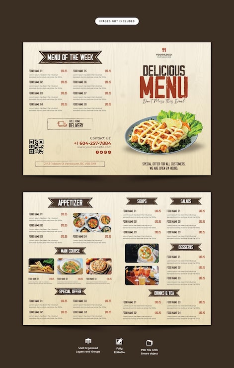 PSD gratuito plantilla de folleto plegable de menú de comida y restaurante