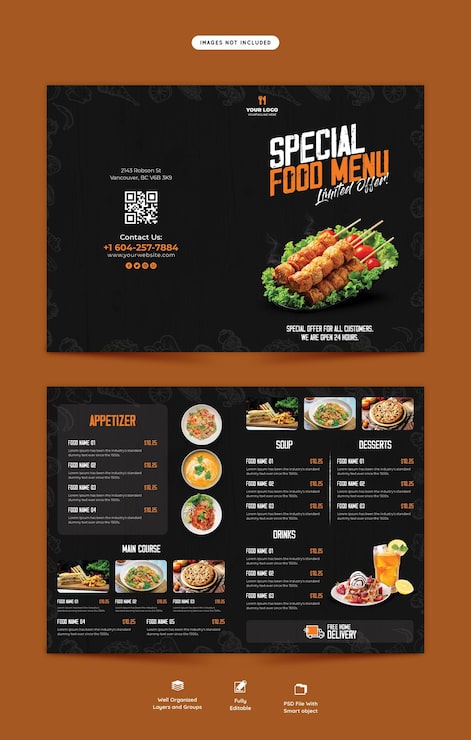 PSD gratuito plantilla de folleto plegable de menú de comida y restaurante