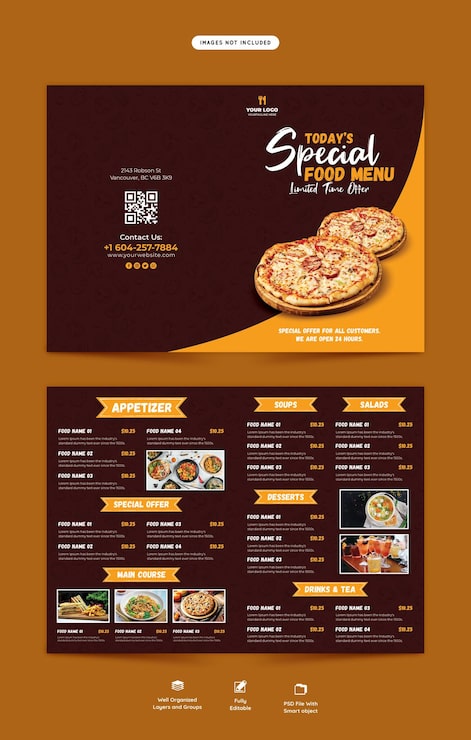 PSD gratuito plantilla de folleto plegable de menú de comida y restaurante