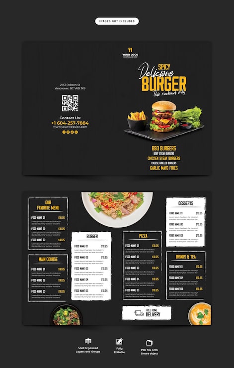 PSD gratuito plantilla de folleto plegable de menú de comida y restaurante
