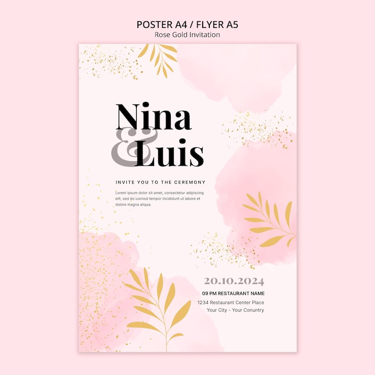 PSD gratuito plantilla de invitación de oro rosa acuarela