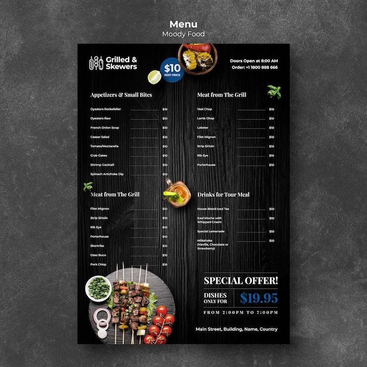 PSD gratuito plantilla de menú de restaurante de comida y verduras a la parrilla