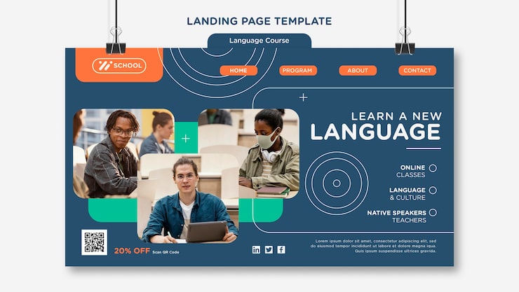 PSD gratuito plantilla de página de destino del curso de idiomas con líneas geométricas