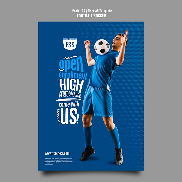 PSD gratuito plantilla de póster a4 de juego de fútbol degradado