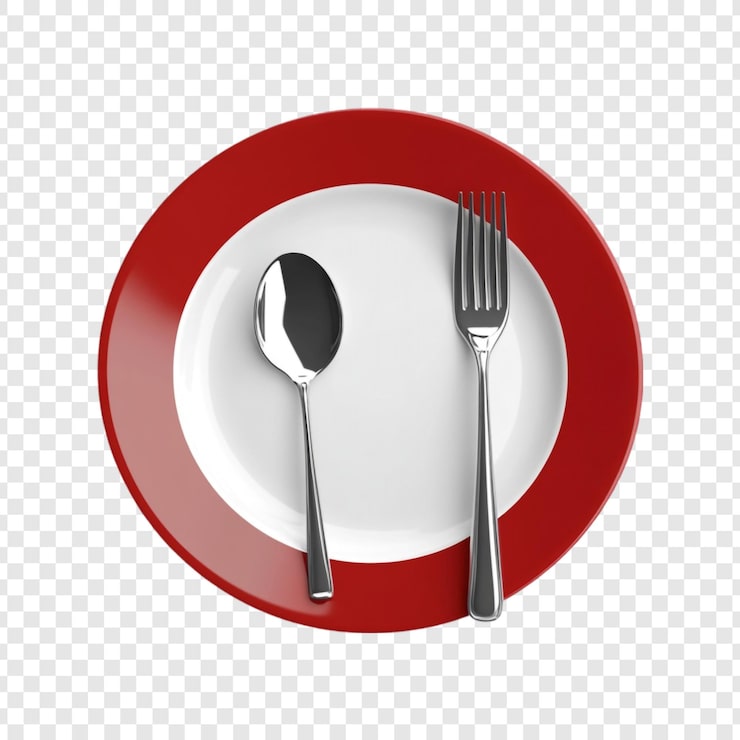 PSD gratuito plato rojo plato blanco cuchara tenedor cena elegante preparación de comidas simples