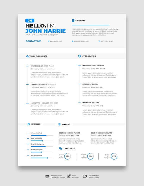 PSD gratuito portafolio de currículum o plantilla de cv limpio y moderno