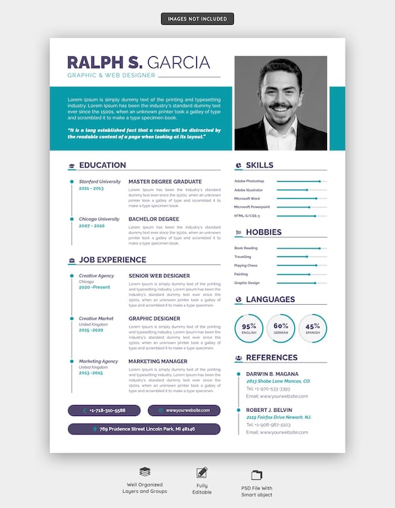 PSD gratuito portafolio de currículum o plantilla de cv limpio y moderno
