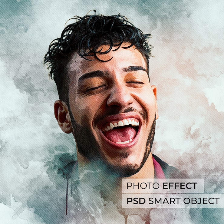 Gratis PSD portret van persoon met mock-up met waterverfeffect